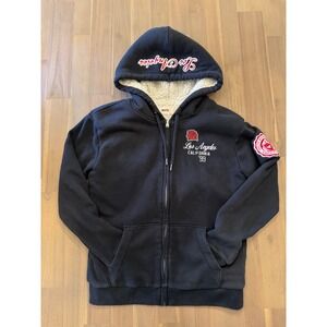 Hollister Black Los Angeles California Rose Graphic Sherpa Lined Hoodie Women XS